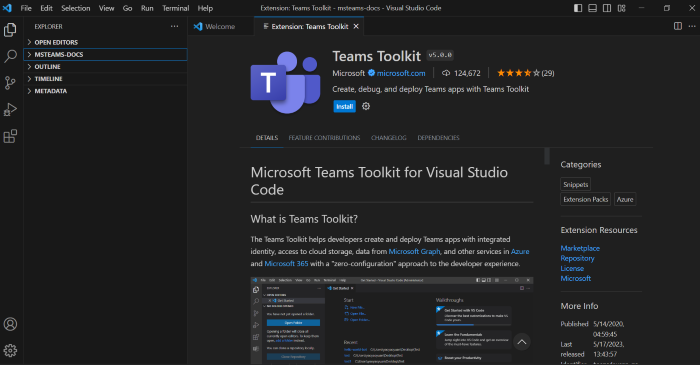Screenshot shows how to select Teams Toolkit in Visual Studio Code.